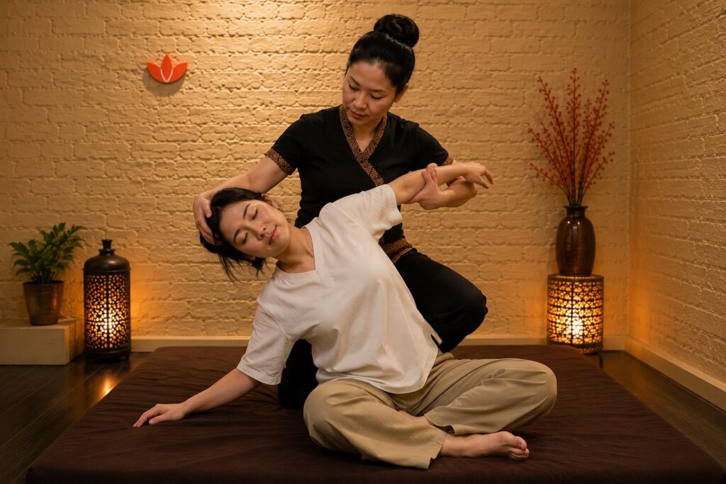 Asiatic therapist performing traditional Thai yoga spinal stretching technique to support posture and flexibility in London.