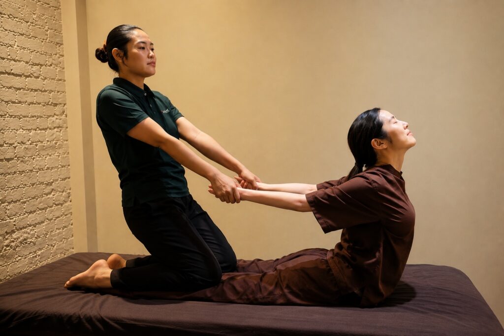 Asiatic therapist performing traditional Thai yoga back stretching technique to support spinal mobility, posture, and assisted movement in London