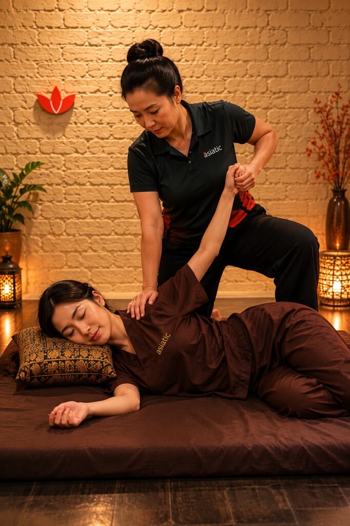 Traditional Thai massage, shoulder and upper body stretch performed by an Asiatic therapist in London.