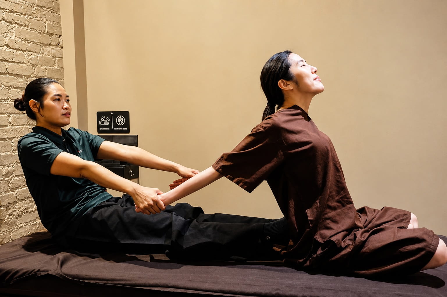 Asiatic therapist performing traditional Thai yoga back stretching technique during assisted bodywork session in London.