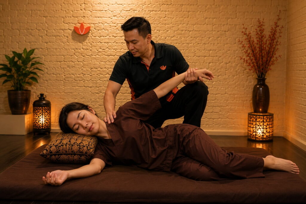 A traditional Thai massage session performed by an Asiatic therapist in a warm therapeutic setting featuring natural tones, assisted stretching, and movement-based bodywork techniques.