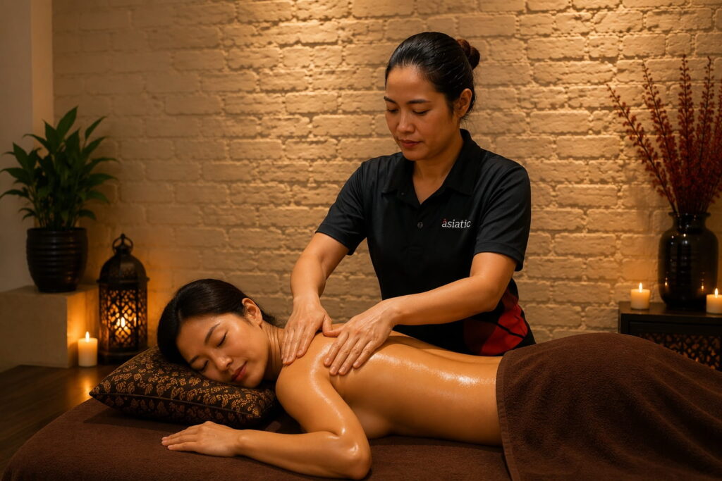 Asiatic therapist performing Swedish massage in a warm brick-walled treatment room in London