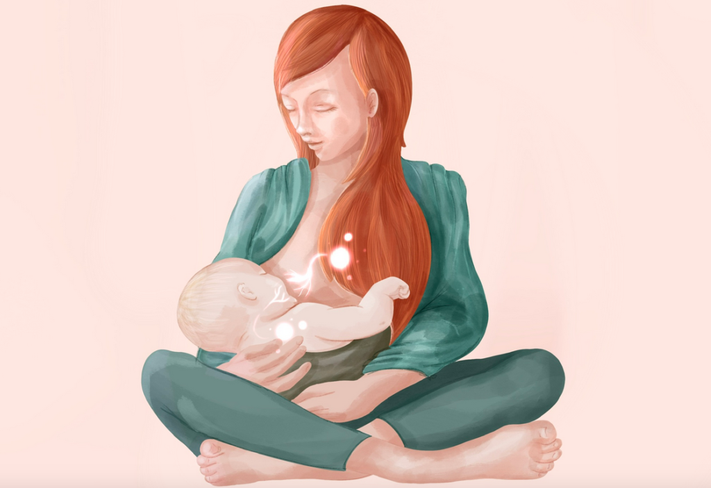 The mother lovingly breastfeeds her baby, providing nourishment and comfort in Pregnancy Massage London.