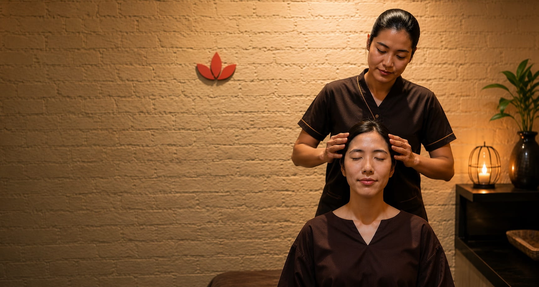 Therapist performing calming head massage treatment at Asiatic Thai Massage in Islington, London during wellness-focused pregnancy massage session.
