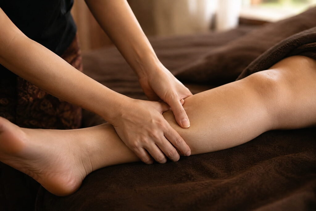 Gentle pregnancy massage lower-leg detail with light hands-on pressure in a calm London treatment room.