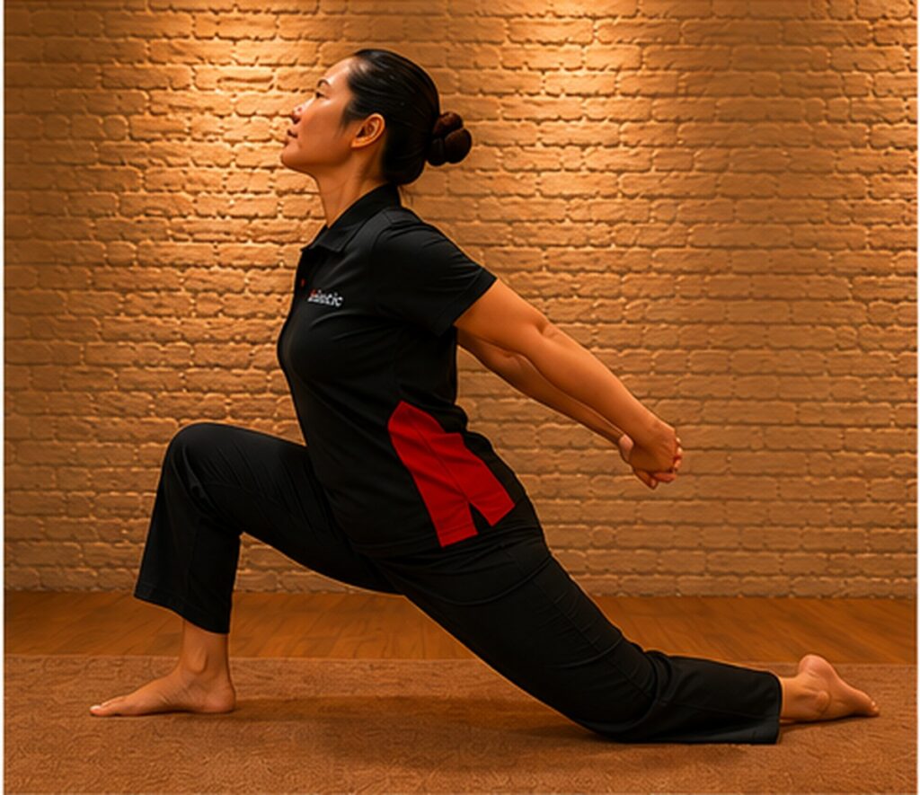 Asiatic Thai therapist demonstrating lunch-chest-opener stretching principles connected to Thai Yoga Massage and Reusi Dat Ton.

