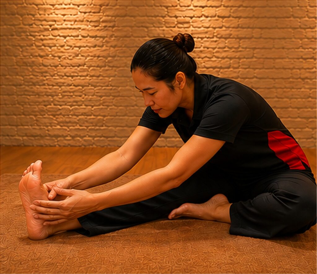 Thai therapist practising Reusi Dat Ton self-stretching in a warm studio setting