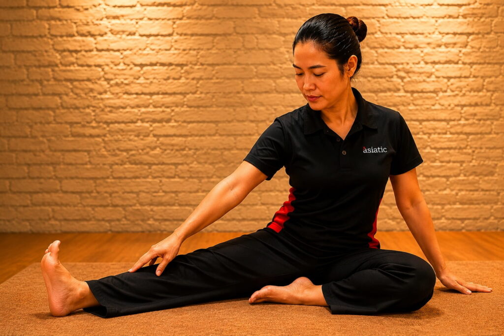 Asiatic Thai massage therapist practising Reusi Dat Ton Thai Hermit Exercise in a warm Thai massage studio in Angel, Islington.