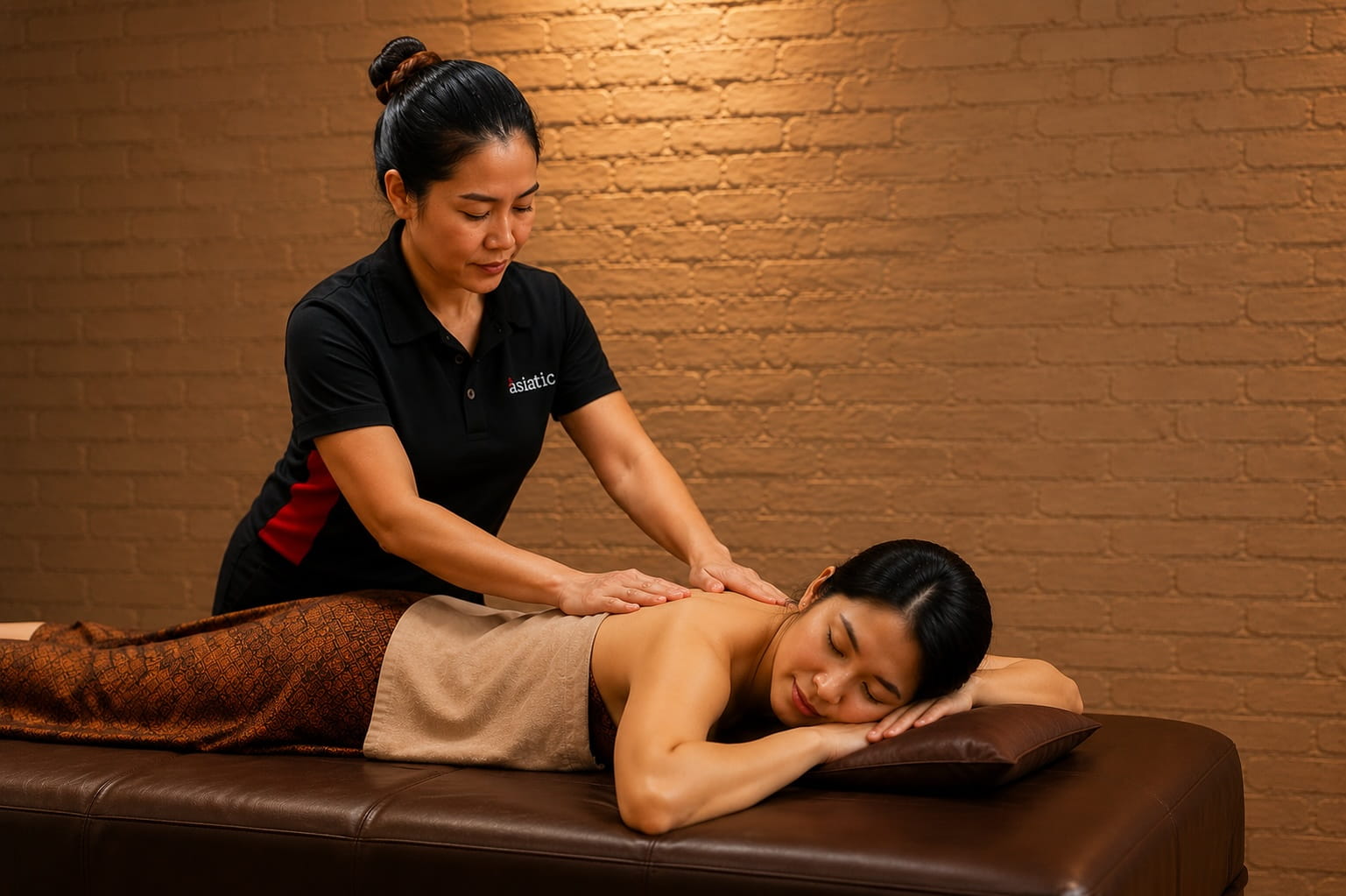 Asiatic therapist providing Thai massage in London for the monthly complimentary massage draw.