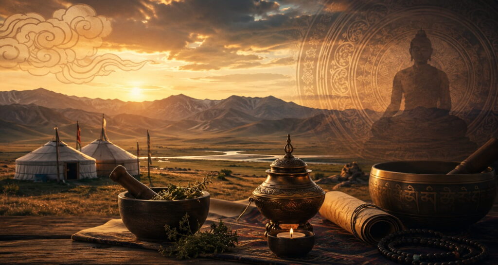 Mongolian-inspired wellness landscape featuring traditional healing elements, meditation symbolism, and holistic therapeutic atmosphere.