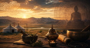 Mongolian-inspired wellness landscape featuring traditional healing elements, meditation symbolism, and holistic therapeutic atmosphere.