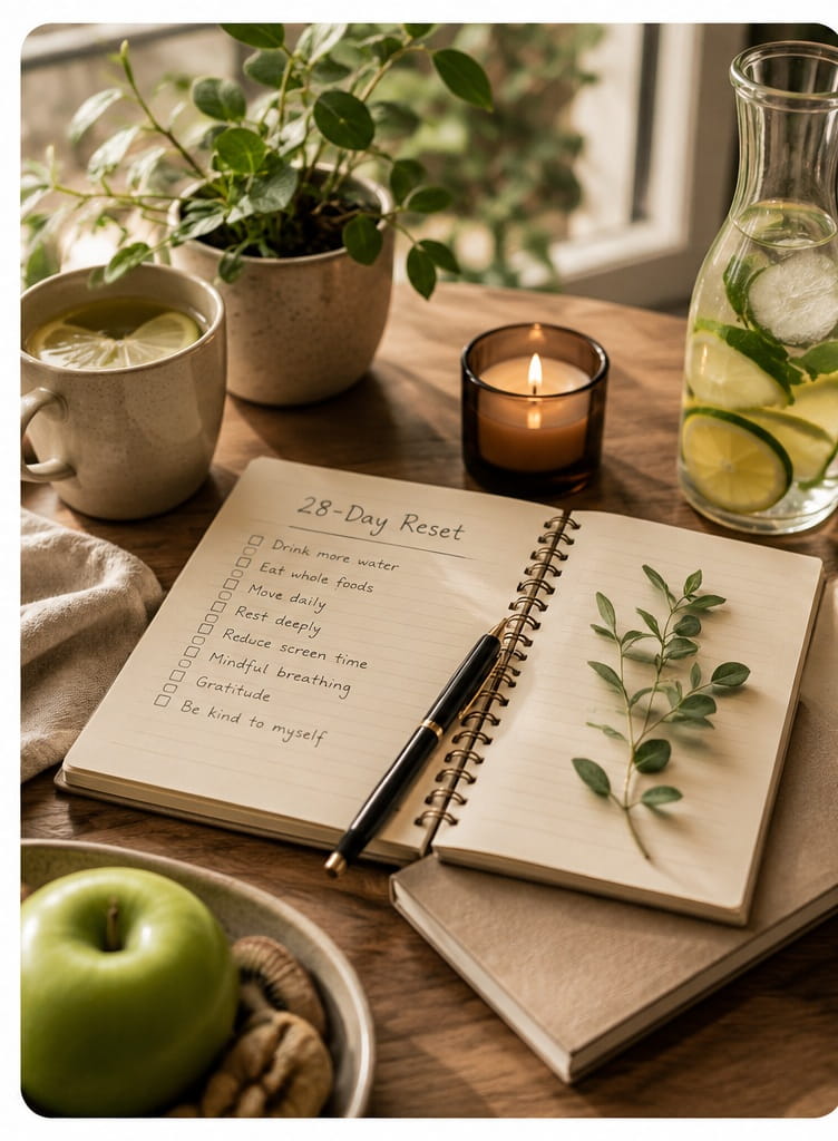 28-day reset journal with tea, water and natural light