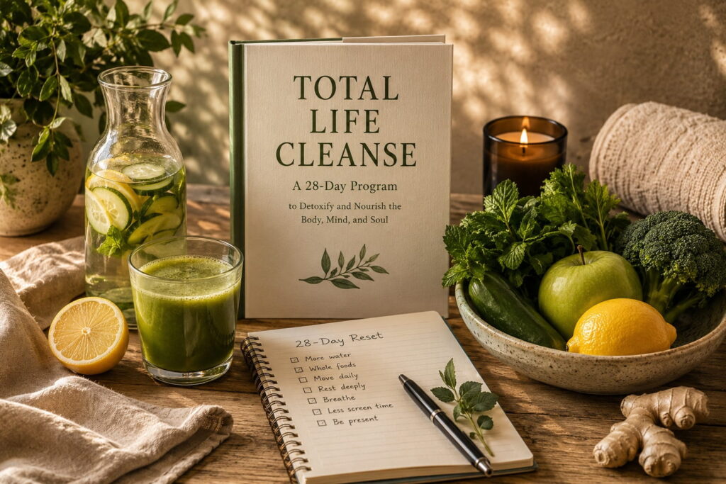 28-day reset journal with tea, water and natural light.