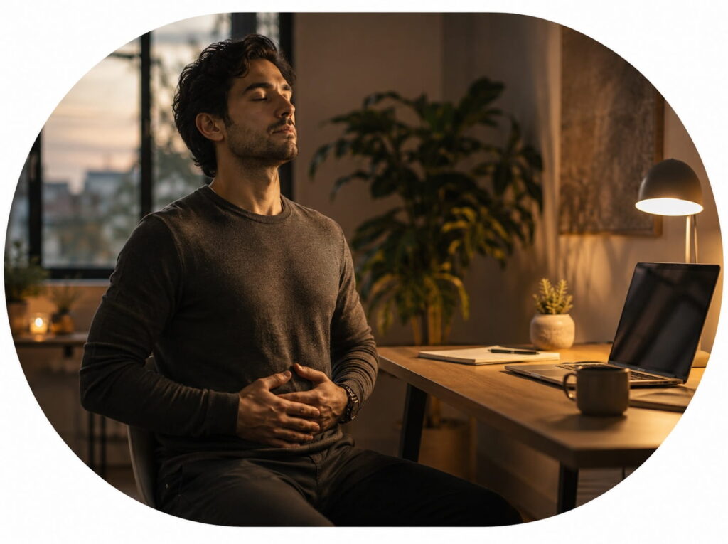 Desk. worker practising a calm meditation for digital fatigue and mental overload
