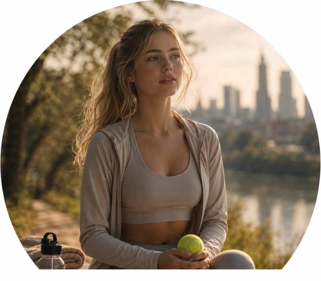 Female athlete in a calm recovery moment holding a tennis ball.