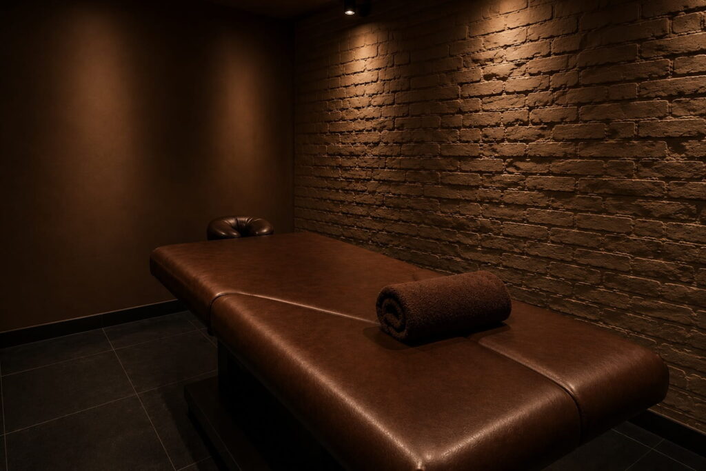 Asiatic treatment room with brick wall, dark floor and warm lighting