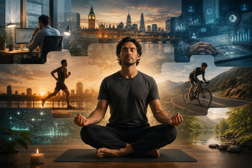 Man meditating with London, sport, digital work and nature scenes representing recovery and mental focus.