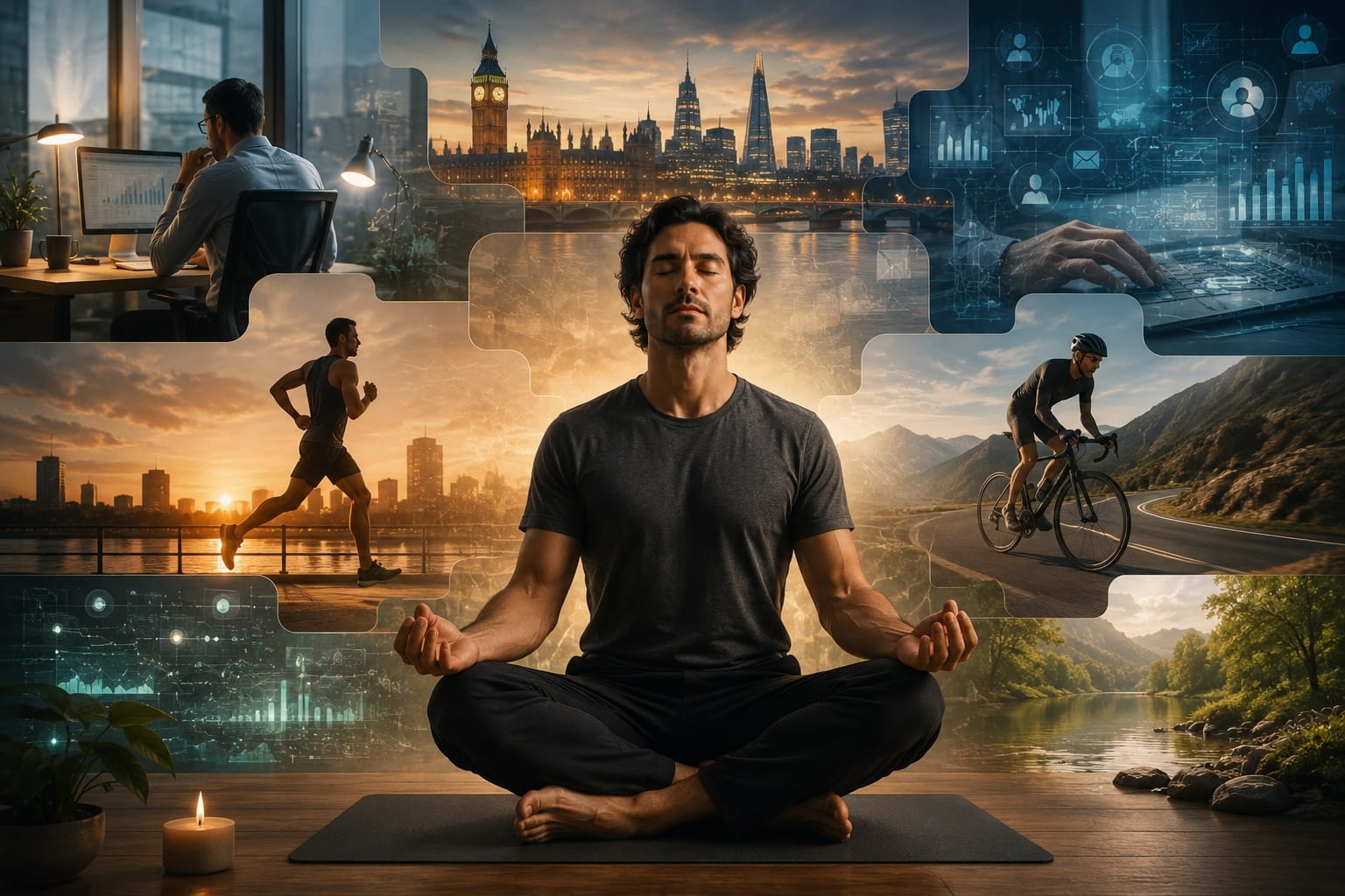 Man meditating with London, sport, digital work and nature scenes representing recovery and mental focus.