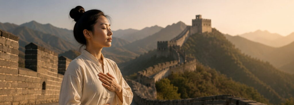 Woman practising breathwork near the Great Wall in a calm mountain setting.