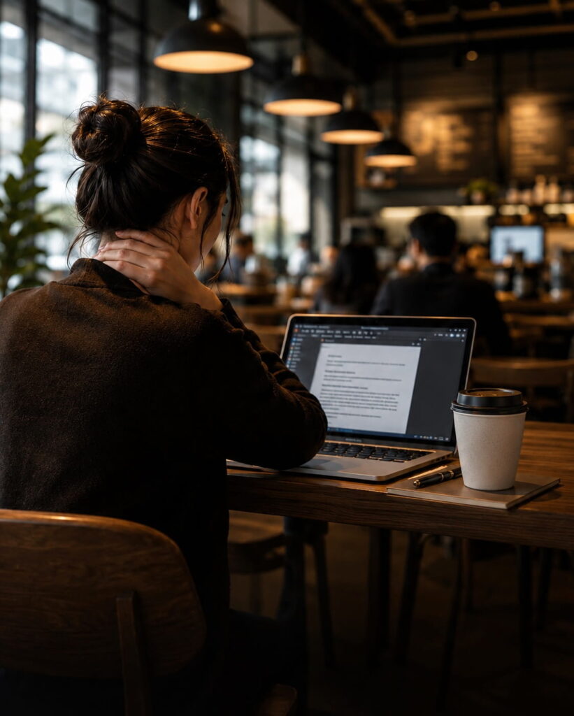 Person working on a laptop in a coffee shop with neck tension.