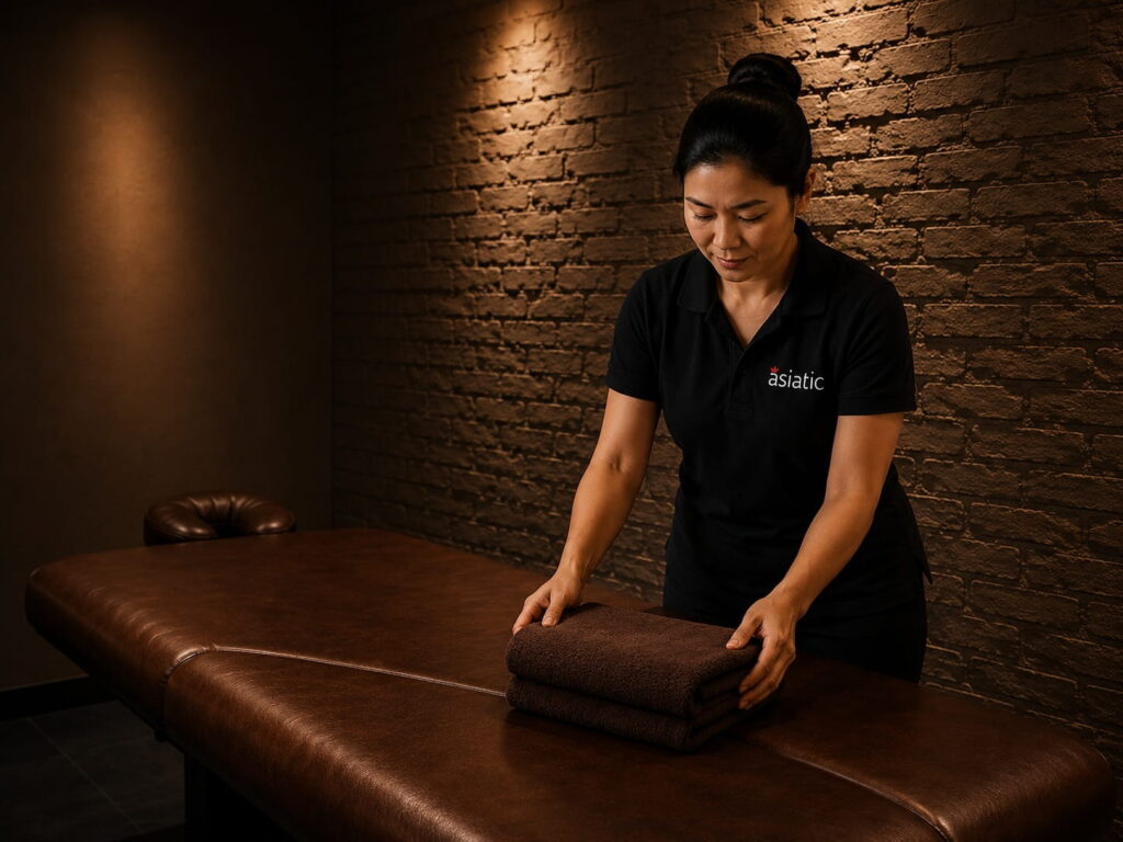Asiatic therapist preparing towels on a massage table for a guide on how often to get a massage.