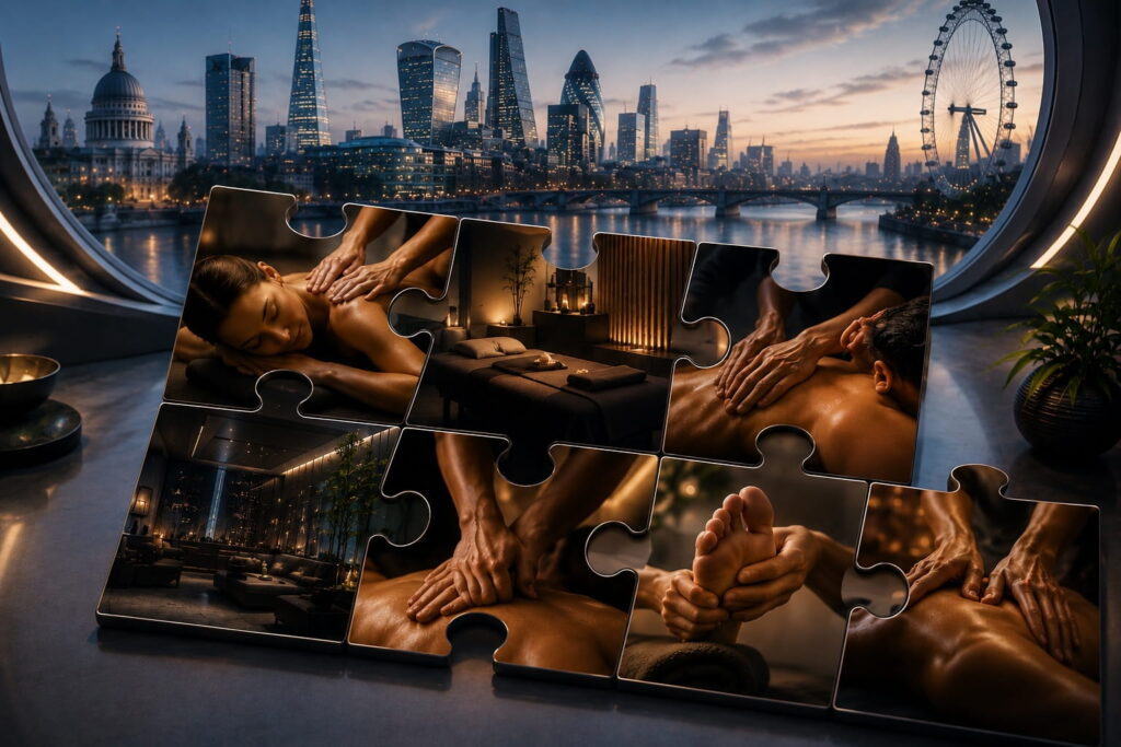 Editorial guide to the best deep tissue massage in London with massage treatment images and a calm London skyline.