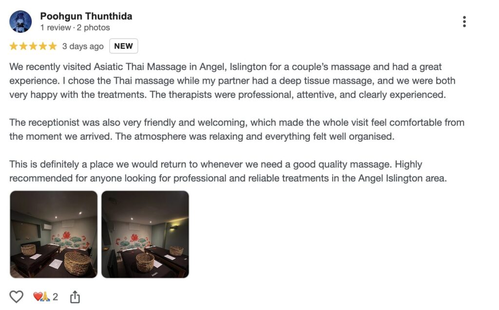 5-star Google review for Asiatic Thai Massage in Angel Islington praising our traditional techniques