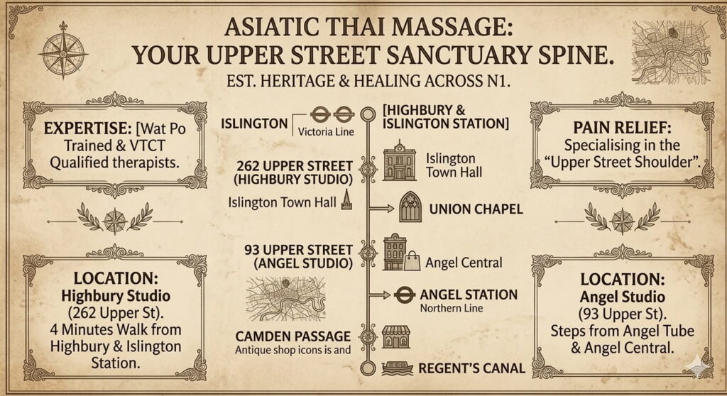 Vintage, sepia-toned infographic designed as an antique etched map titled 'YOUR UPPER STREET SANCTUARY SPINE'. It shows the Upper Street corridor in N1 Islington. The vertical map spine includes line-art icons for Highbury & Islington Station Victoria Line roundel, [Islington Town Hall](http://googleusercontent.com/map_location_reference/2), and [UNION CHAPEL](http://googleusercontent.com/map_location_reference/4) Gothic architecture (for the Highbury Studio at [262 Upper Street](http://googleusercontent.com/map_location_reference/6). It also includes icons for the [Angel Central](http://googleusercontent.com/map_location_reference/8) shopping bag, the Angel Station roundel (Northern Line), Camden Passage antiques, and Regent's Canal (for the Angel Studio at [93 Upper Street](0). Four information panels framed by decorative borders provide details on Wat Po expertise, 'Upper Street Shoulder' specialization, and studio walking times (Highbury: 4 min; Angel: Steps away). The background has an aged paper texture.