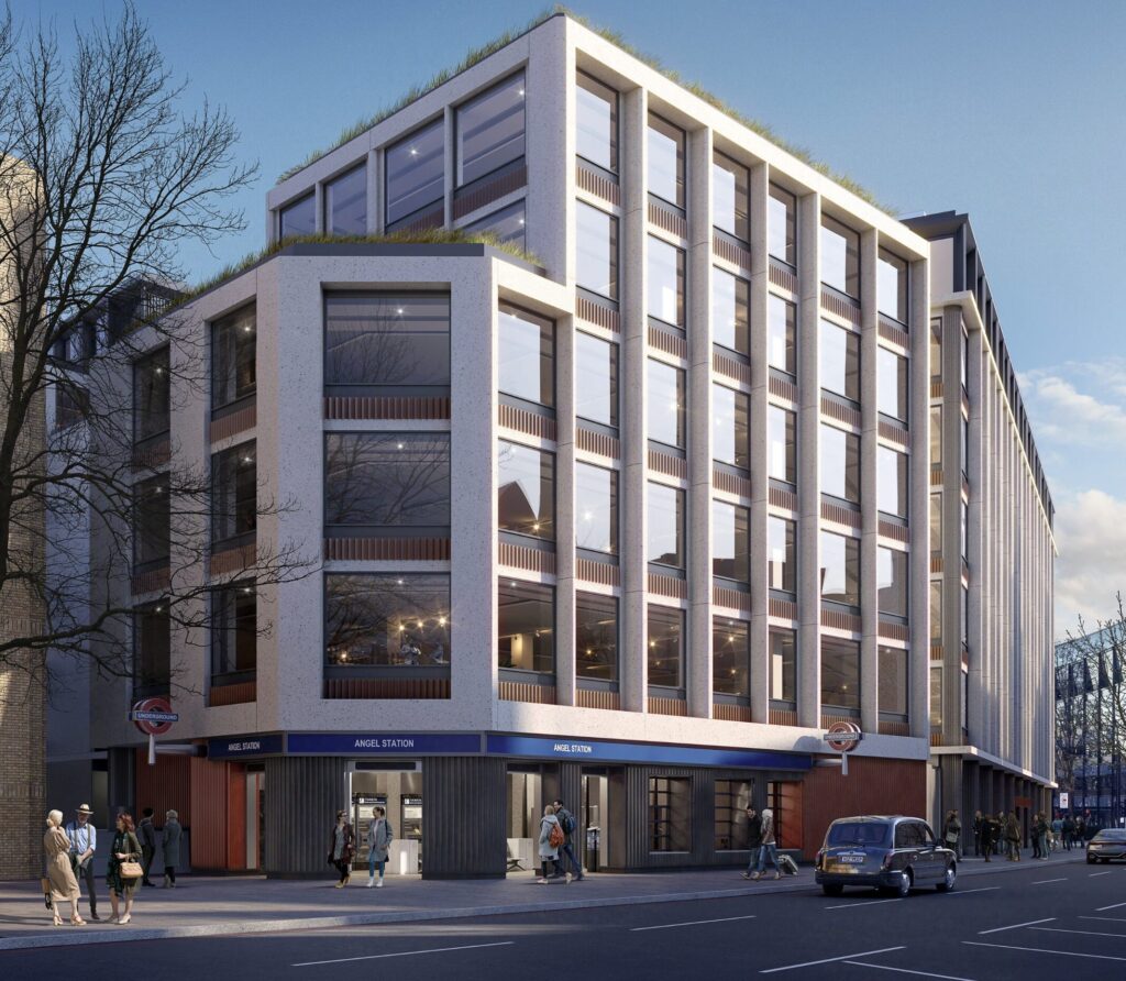 Angel Tube Station located in Islington, with the Angel Square building nearby, close to Asiatic Thai Massage in Angel.