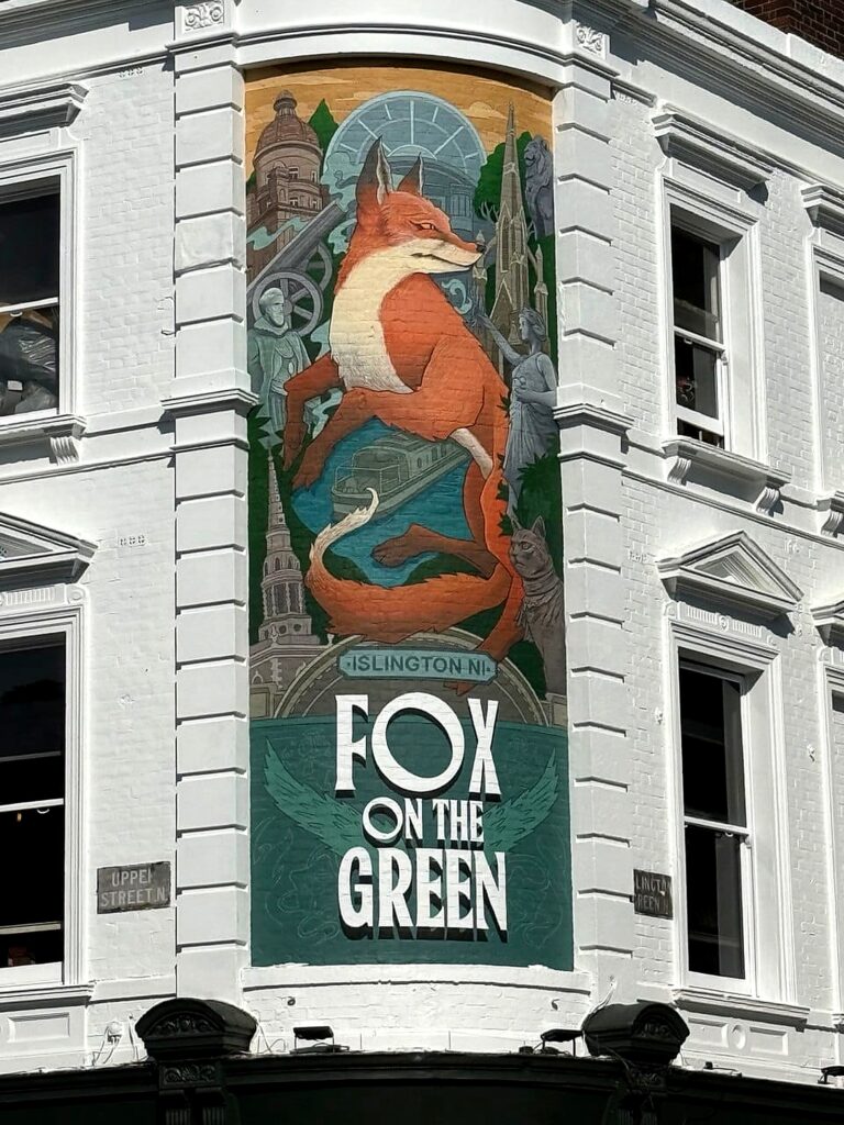 Fox mural near Islington Green showing local Angel Islington character.
