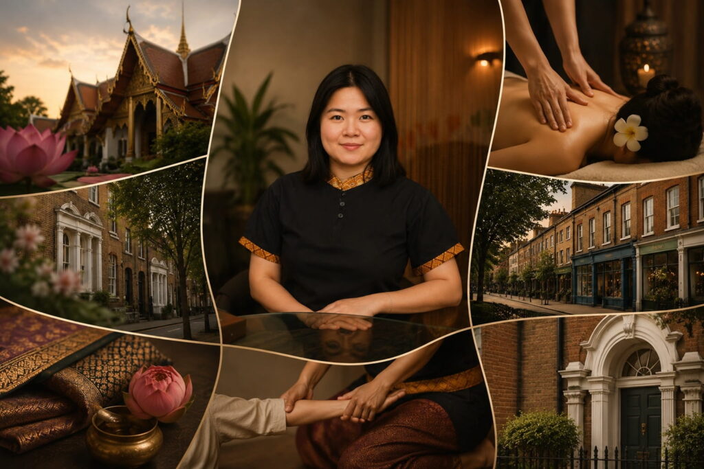 Editorial banner showing Apple Jatikate with Thai heritage, massage therapy and Islington-inspired scenes for Asiatic Thai Massage