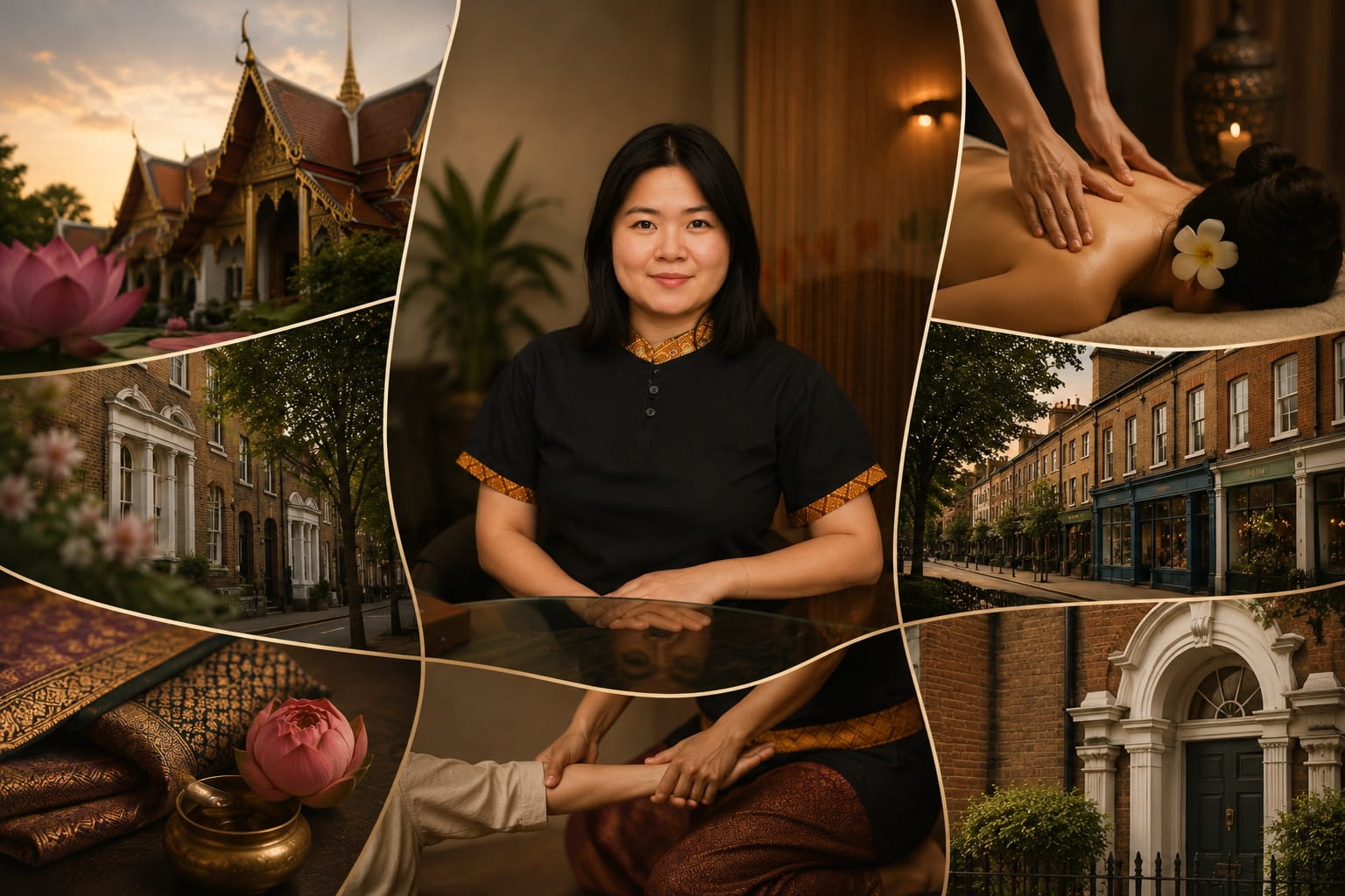Editorial banner showing Apple Jatikate with Thai heritage, massage therapy and Islington-inspired scenes for Asiatic Thai Massage