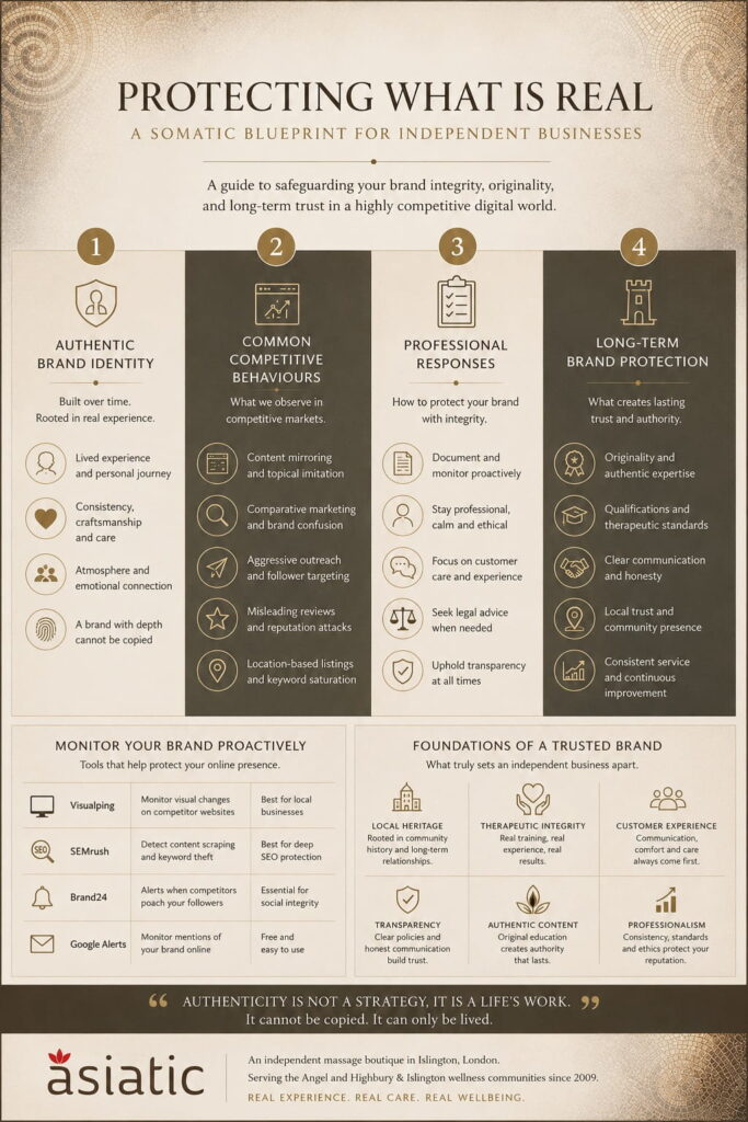 Editorial infographic by Asiatic Thai Massage explaining brand authenticity, competitive marketing behaviour, customer trust, and long-term wellness brand protection in Islington, London.