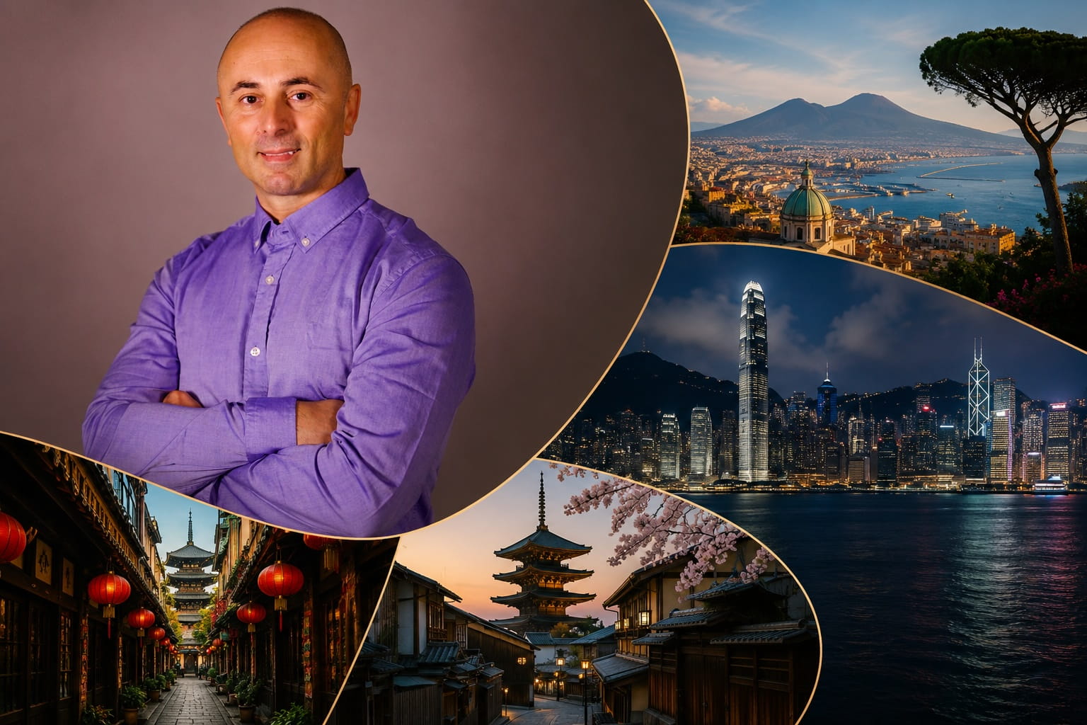 Editorial banner showing Ben Pianese with travel-inspired scenes from Italy and Asia, reflecting his 25-year massage and bodywork journey