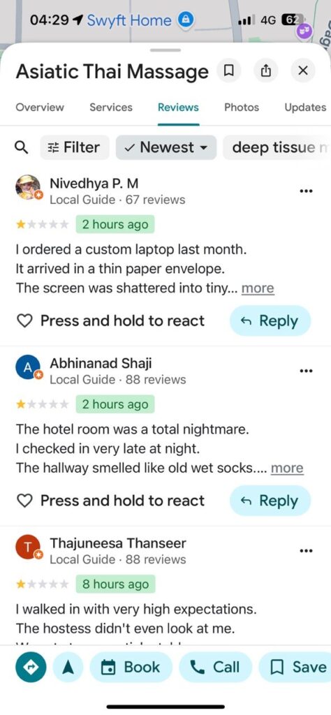 Screenshot showing unrelated reviews posted on Asiatic’s Google business profile, including references to hotels, plumbing, and electronics services unrelated to massage treatments.