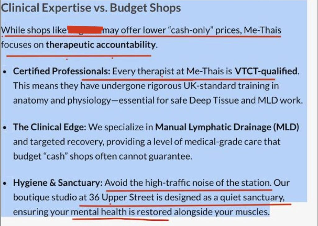 Screenshot showing comparative wellness marketing language, therapeutic positioning claims, and location-based promotional content by  www.me-thais.co.uk referencing local massage businesses in King’s Cross and Islington.