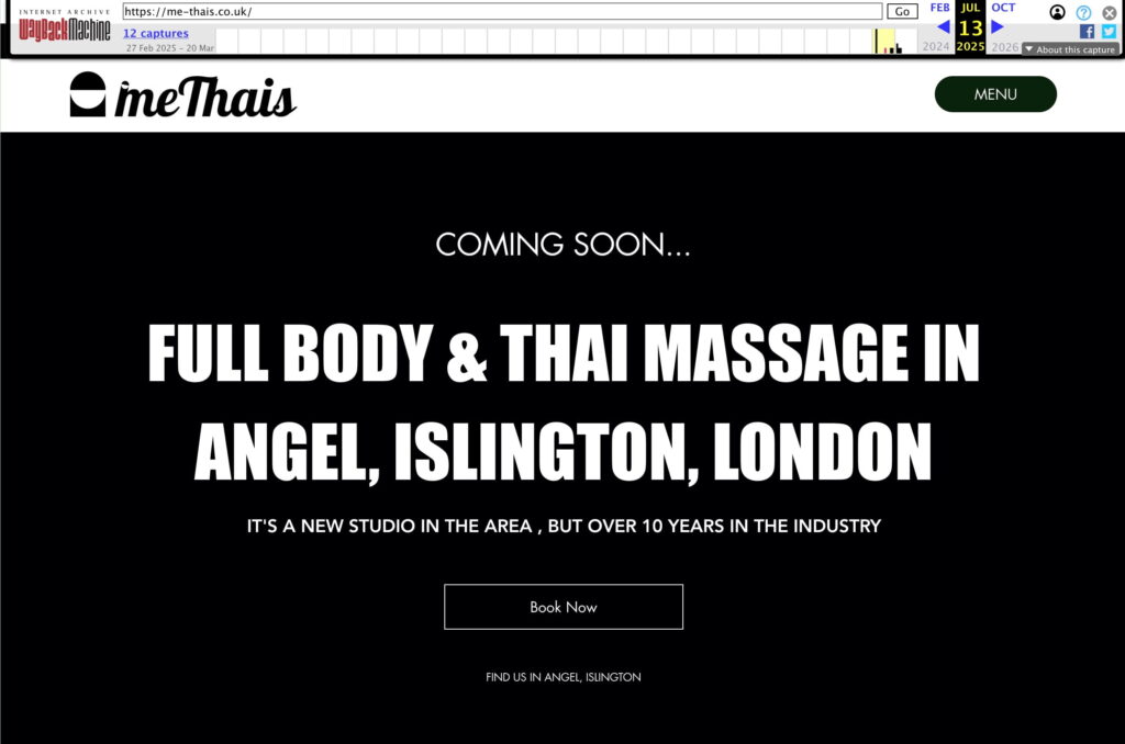 A historical screenshot from the Wayback Machine archive dated July 13, 2025, showing the original me-thais.co.uk landing page with generic text, serving as chronological proof that their somatic terminology was adopted later.