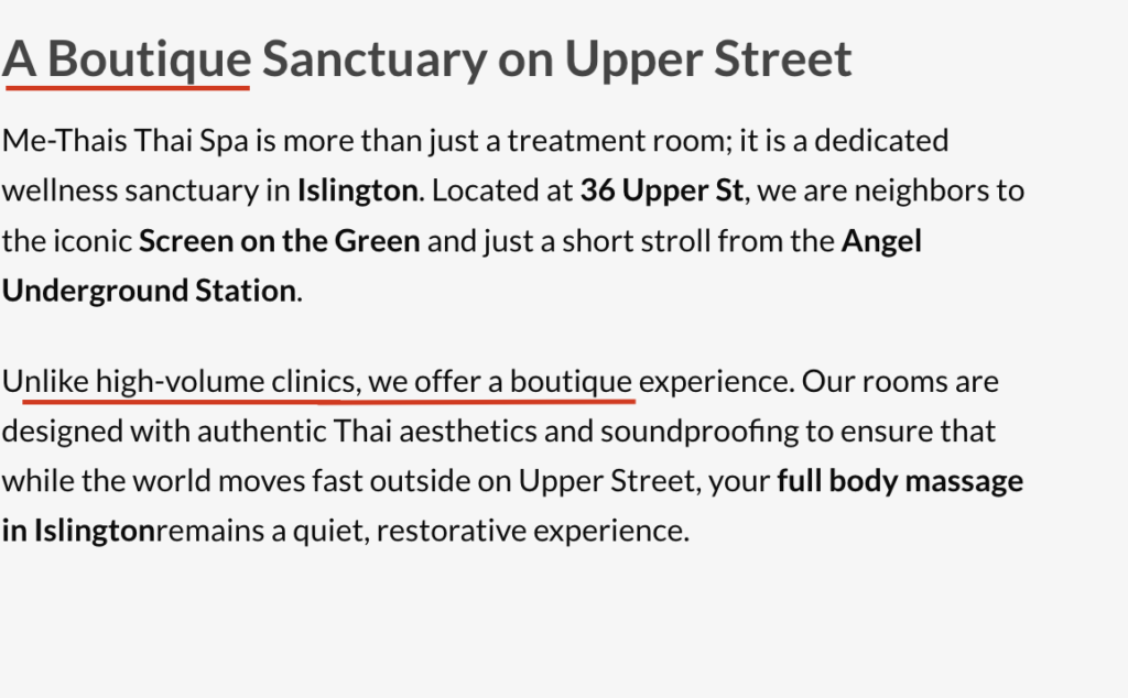 Screenshot showing a local spa www.me-thais.co.uk mimicking boutique wellness terminology and location-based positioning similar to Asiatic-established massage businesses in Upper Street, Islington.
