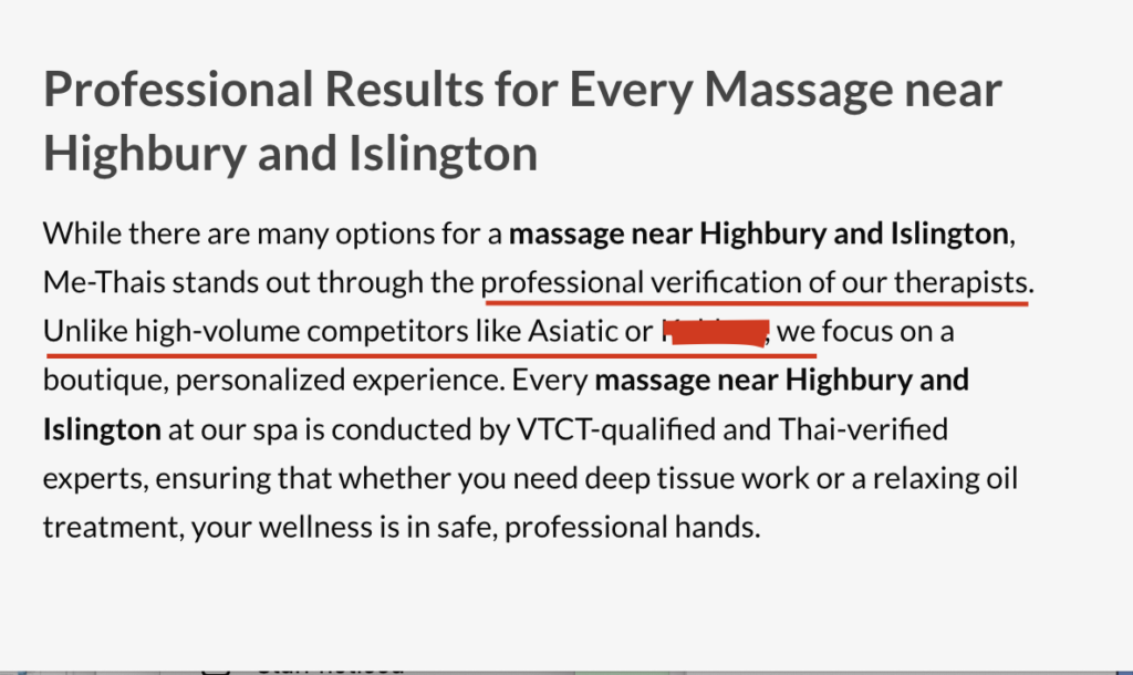 Screenshot illustrating comparative wellness marketing language by www.me-thais.co.uk and potential brand mirroring within the boutique massage and spa sector in Highbury and Islington.