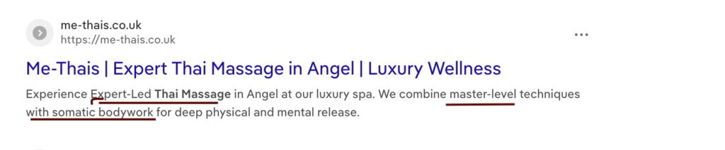 A screenshot of the Google search engine snippet for me-thais.co.uk, documenting the direct duplication of Asiatic's proprietary copywriting terms including master-level techniques and somatic bodywork in Angel, London.