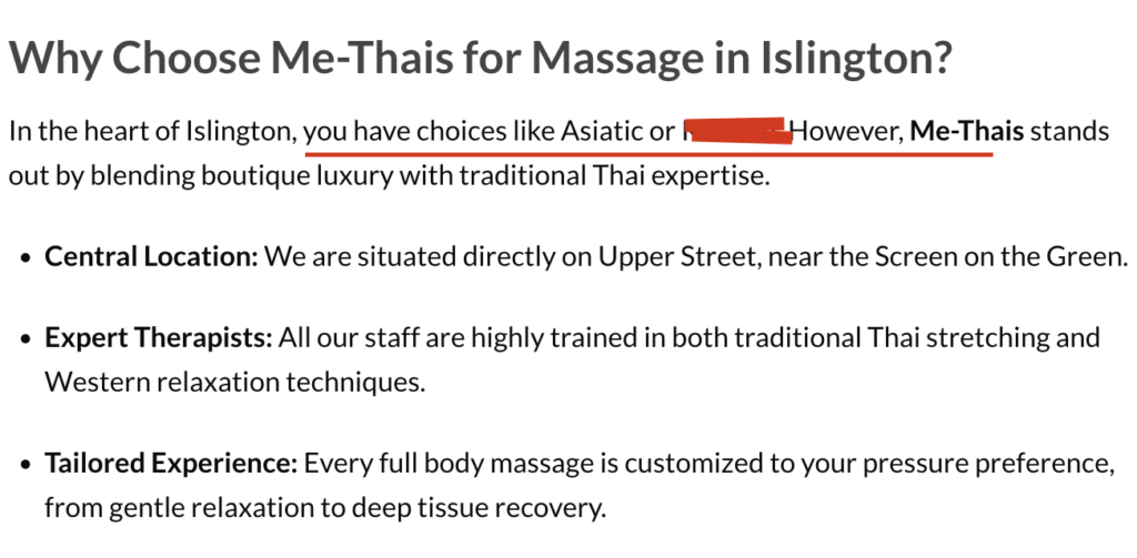 Screenshot illustrating comparative boutique wellness positioning and location-based marketing references by www.me-thais.co.uk involving established massage businesses in Islington, London.