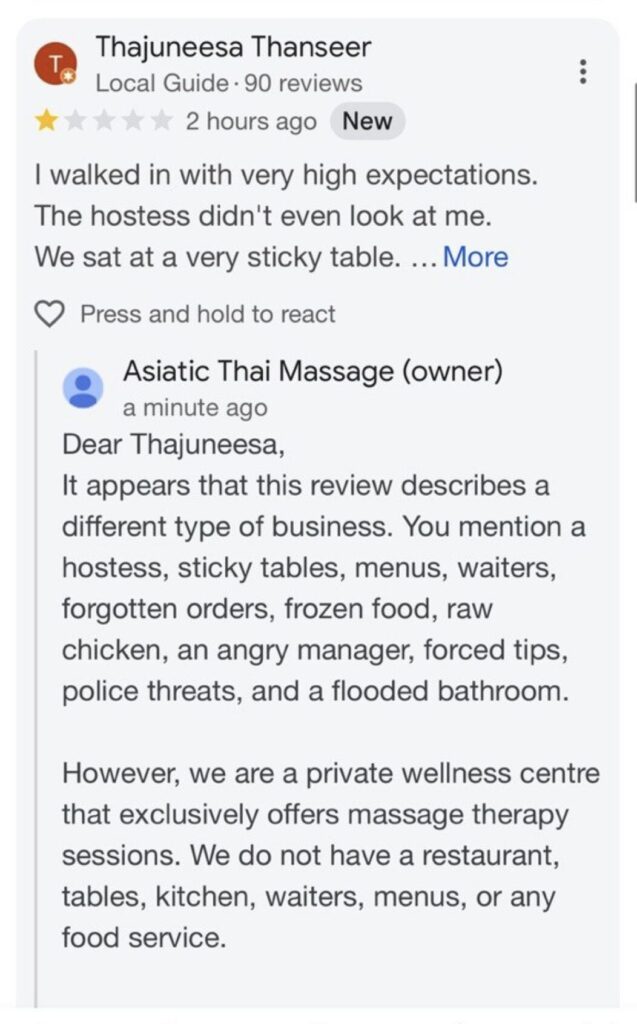 Screenshot showing unrelated reviews posted on Asiatic’s Google business profile, including references to restaurants.