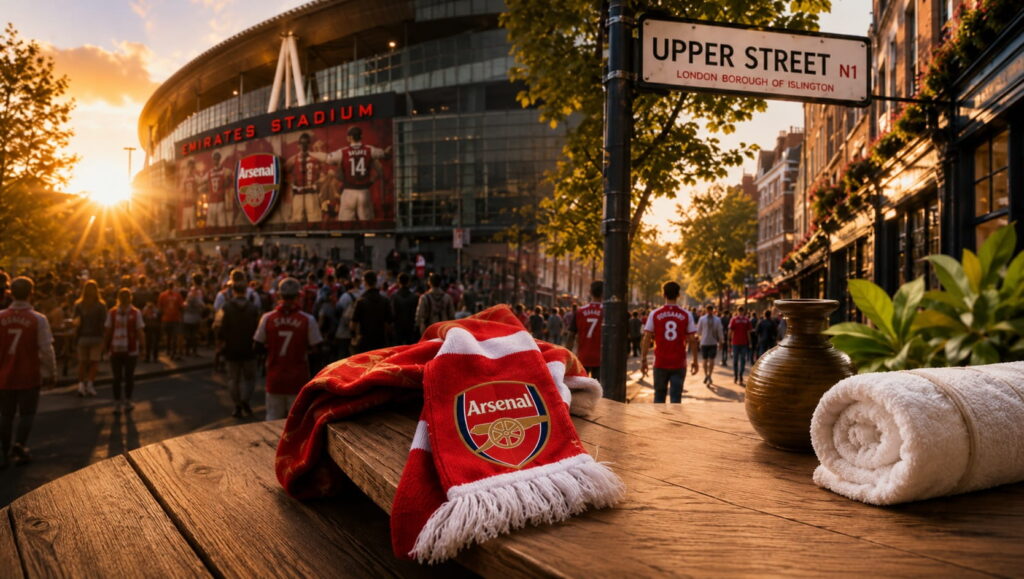 Editorial image of Arsenal supporters near Emirates Stadium and Upper Street, reflecting Asiatic Thai Massage’s Islington community connection.