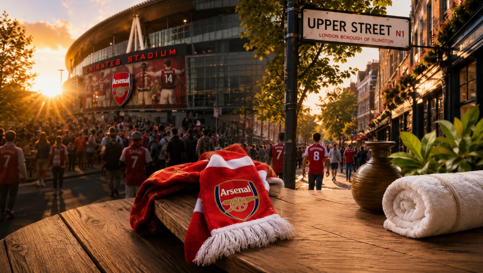 Editorial image of Arsenal supporters near Emirates Stadium and Upper Street, reflecting Asiatic Thai Massage’s Islington community connection.