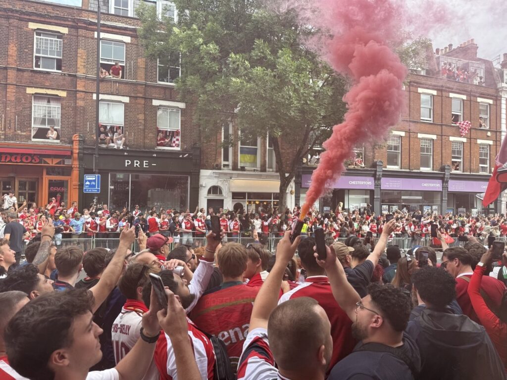 Crowds celebrating Arsenal on Upper Street Islington.