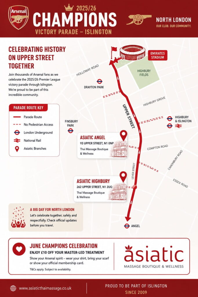 Arsenal parade route through Islington showing Upper Street, Emirates Stadium, Asiatic Angel and Asiatic Highbury.