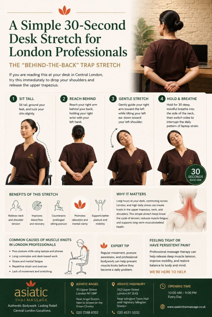 30-second desk stretch infographic for neck and shoulder tension relief by Asiatic Thai Massage in Angel and Highbury Islington, London