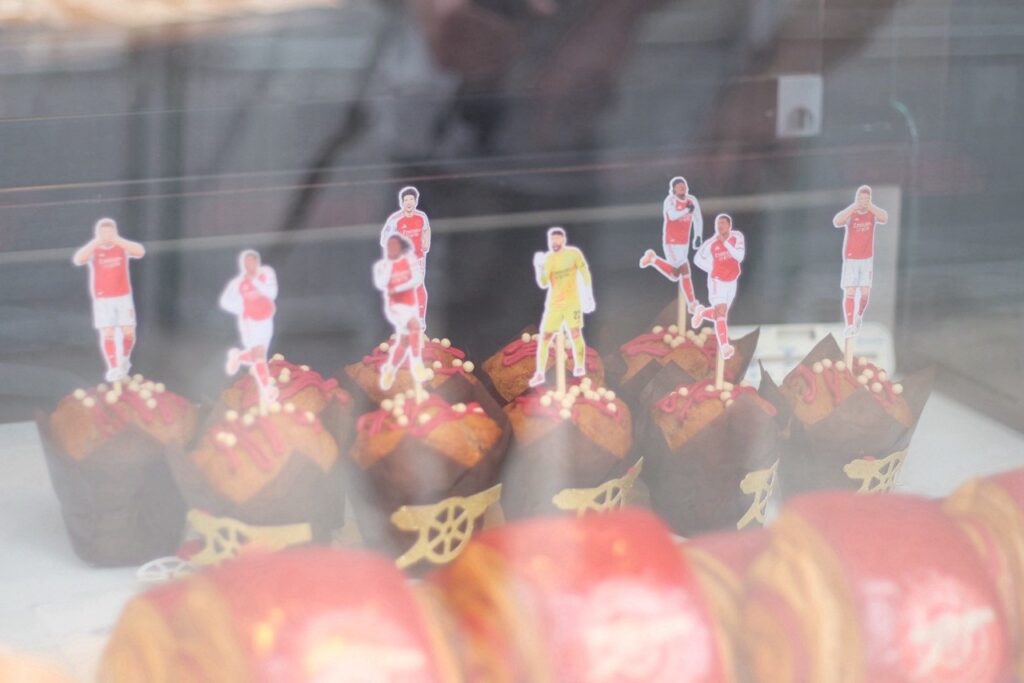 Arsenal fans enjoyed delicious muffins on display at Belle Époque Patisserie on Upper Street.