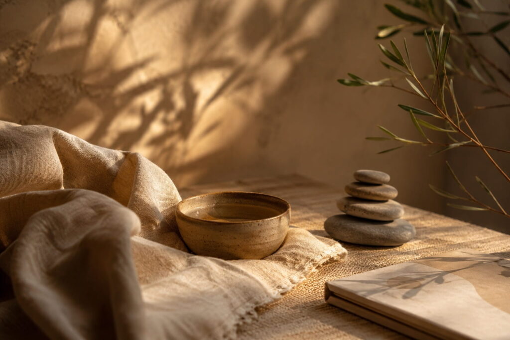 Warm editorial still-life image representing emotional wellbeing, relaxation and the mind-body connection.