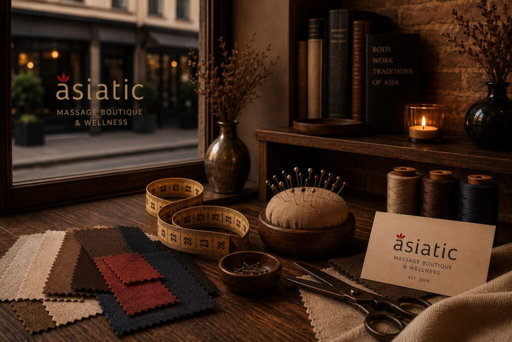 Warm editorial still-life with fabric swatches, measuring tape, tailoring tools and Asiatic branding, representing the atelier approach behind Asiatic in Islington.